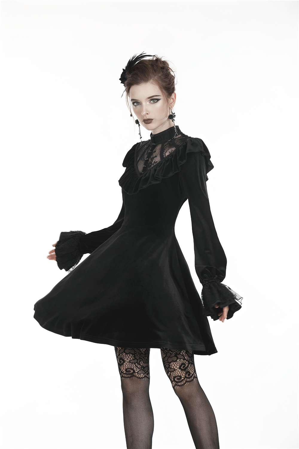 Gothic velvet mini dress with lace collar, long sleeves and flared skirt, perfect for Victorian-inspired fashion lovers.