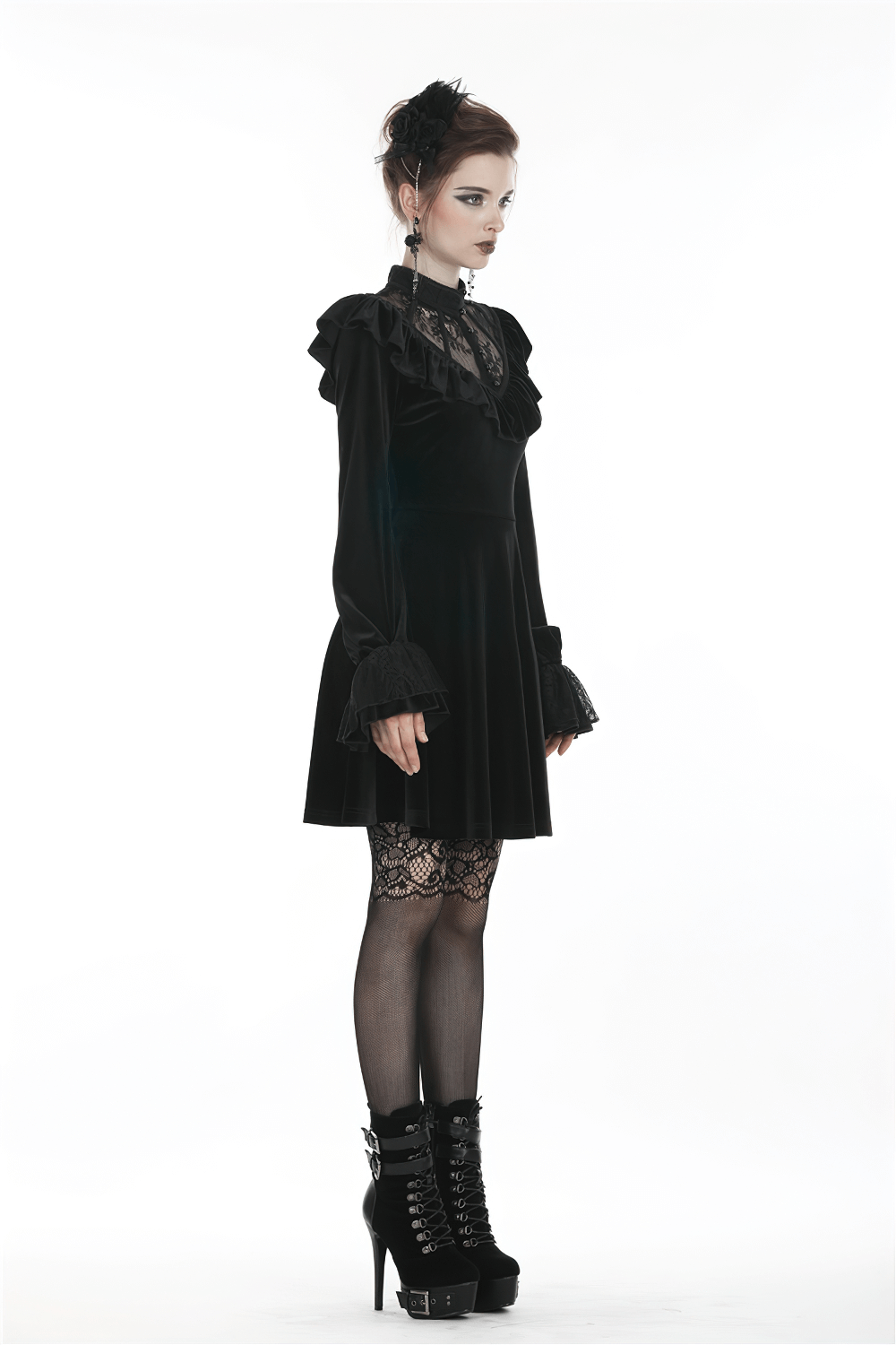 Model wearing Gothic velvet mini dress with lace collar and long sleeves, exuding Victorian Lolita style.