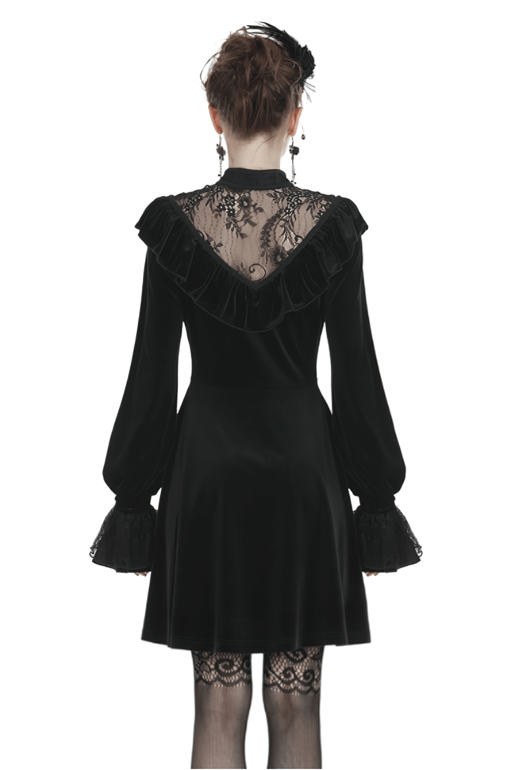 Back view of a gothic velvet mini dress with lace collar and long sleeves, showcasing intricate lace detailing.