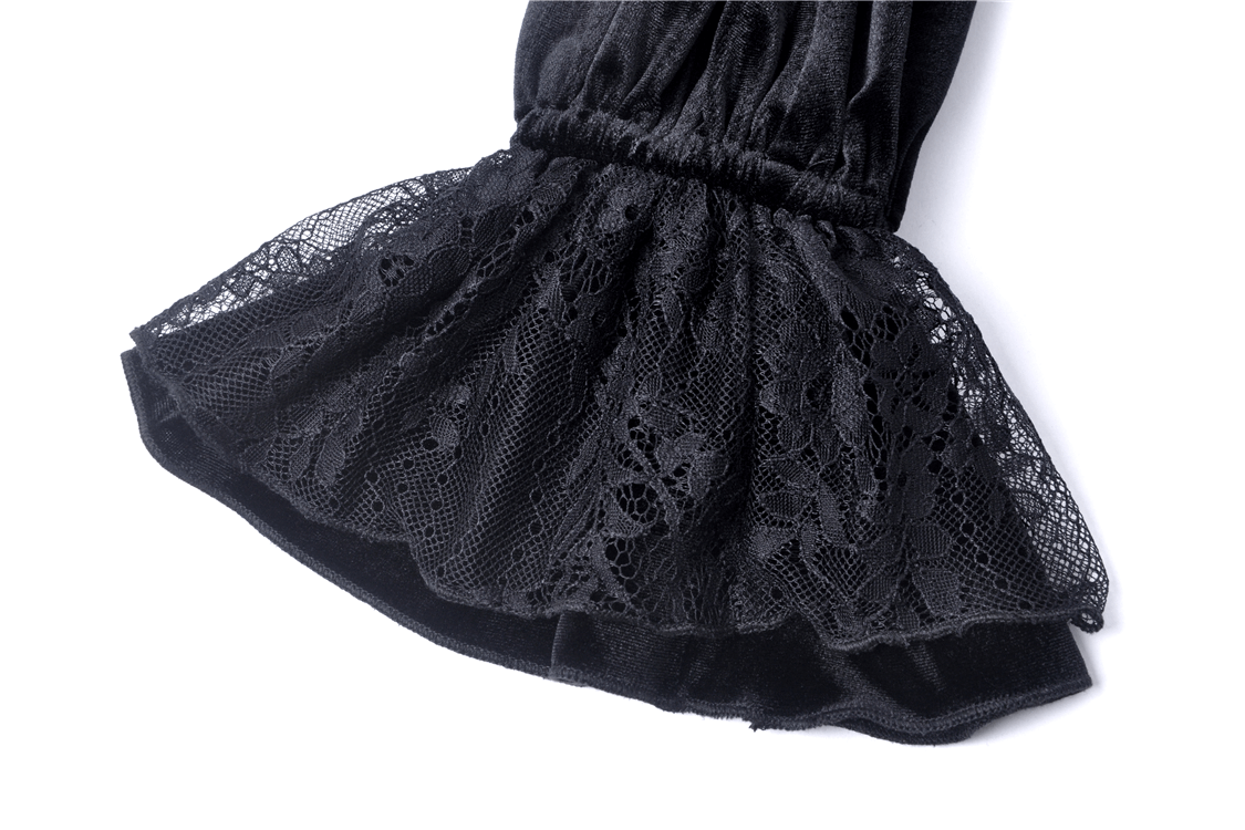 Close-up of black lace flounce sleeve, showcasing intricate lace details on a gothic velvet mini dress.