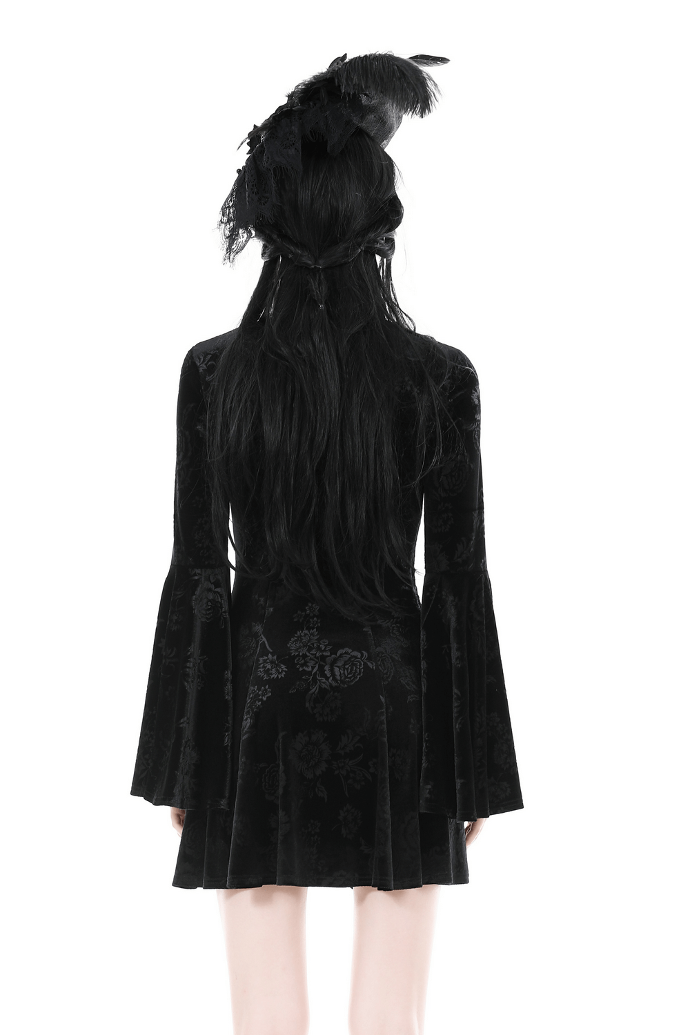 Gothic Velvet Mini Dress with Lace-Up Front and Big Sleeves