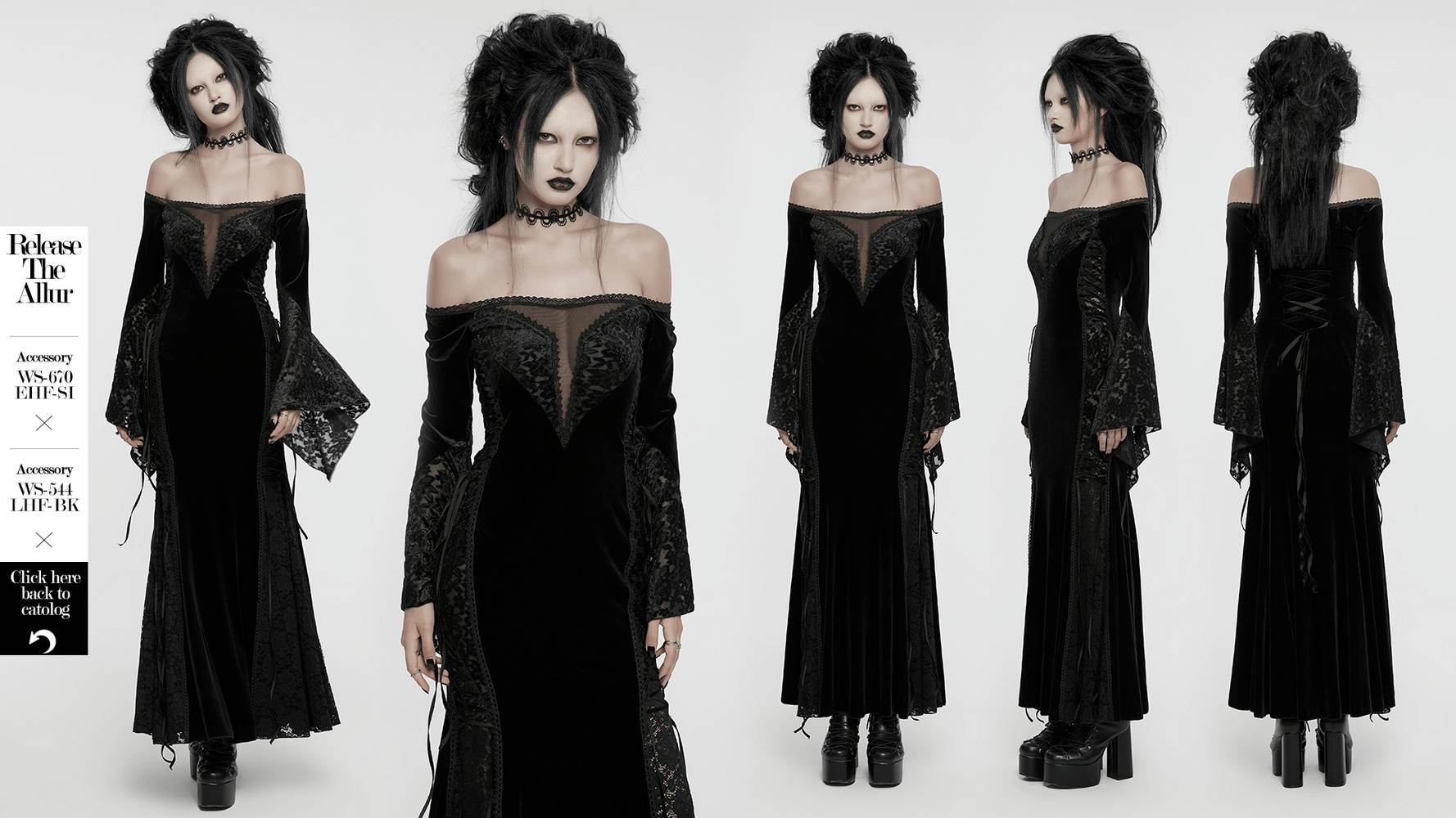 Gothic off-shoulder velvet dress with floral lace details and dramatic bell sleeves, perfect for a romantic look.