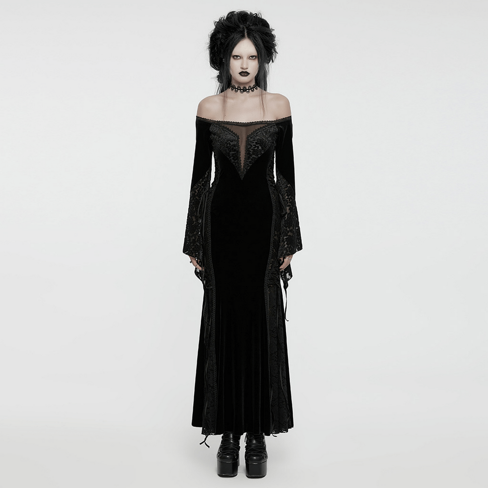 Gothic velvet off-shoulder dress with floral lace, featuring a fitted silhouette and romantic heart-shaped lace edging.