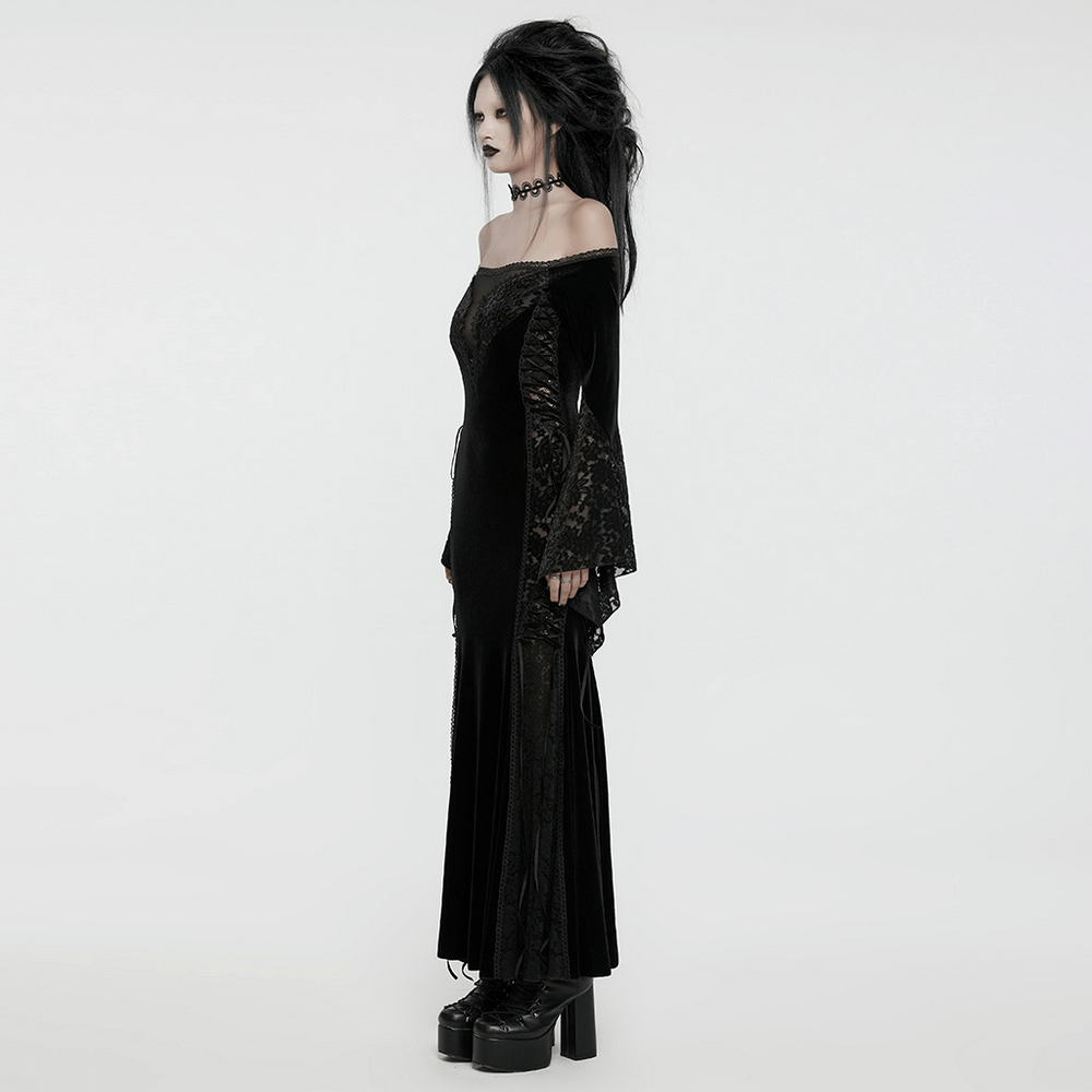 Gothic off-shoulder dress with velvet and lace details, showcasing romantic and sexy style with floral mesh accents.