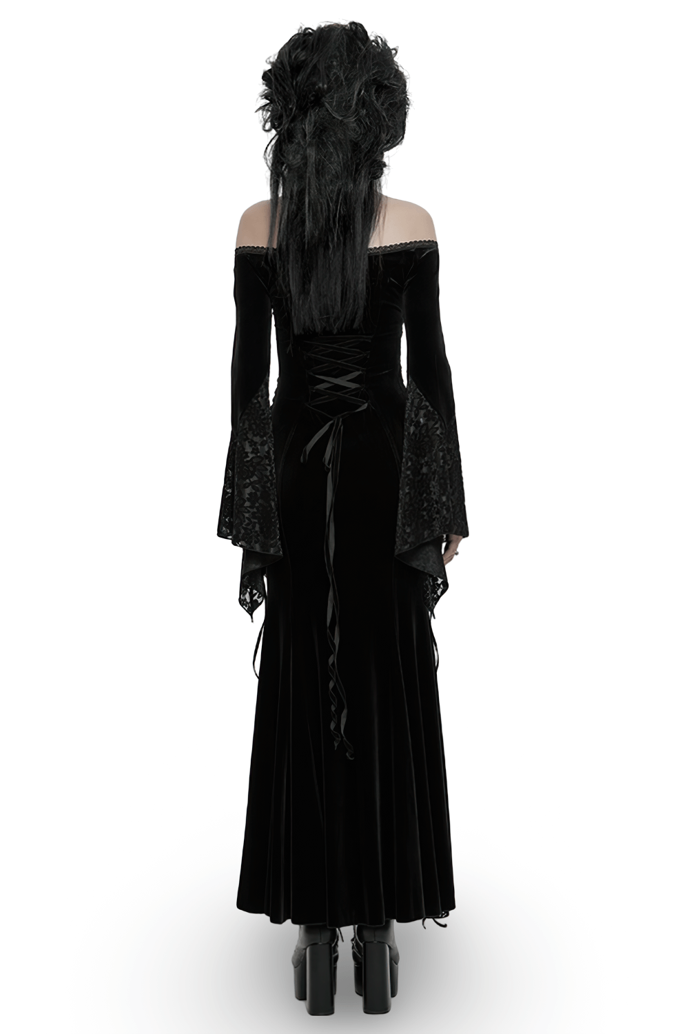 Back view of gothic off-shoulder velvet dress with floral lace, featuring bell sleeves and adjustable drawstring.
