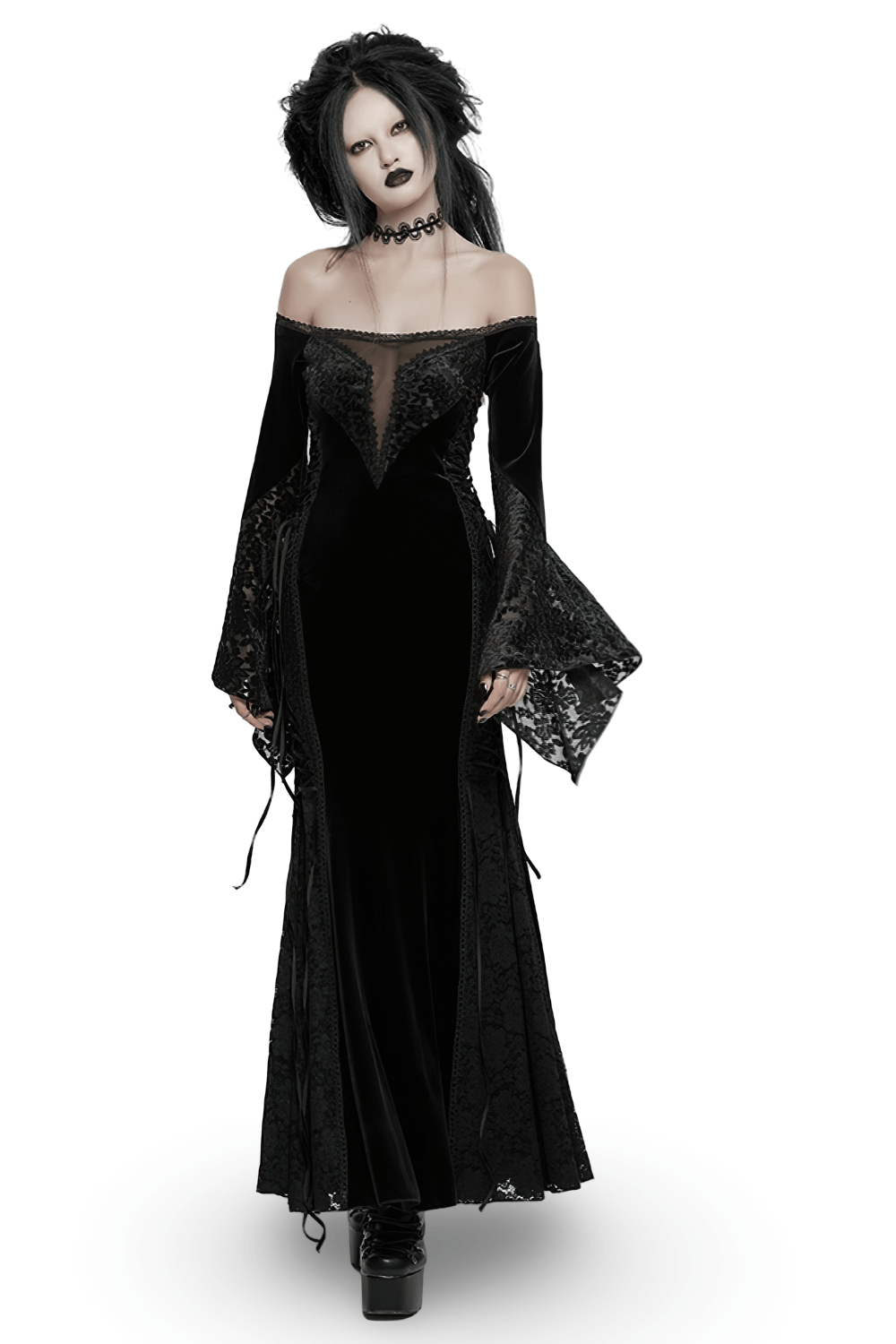 Gothic velvet off-shoulder dress featuring lace details and layered design, perfect for dramatic evening wear.