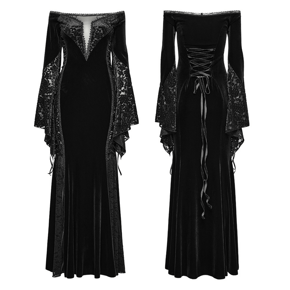 Gothic off-shoulder velvet dress with floral lace details and bell sleeves, perfect for a romantic evening.