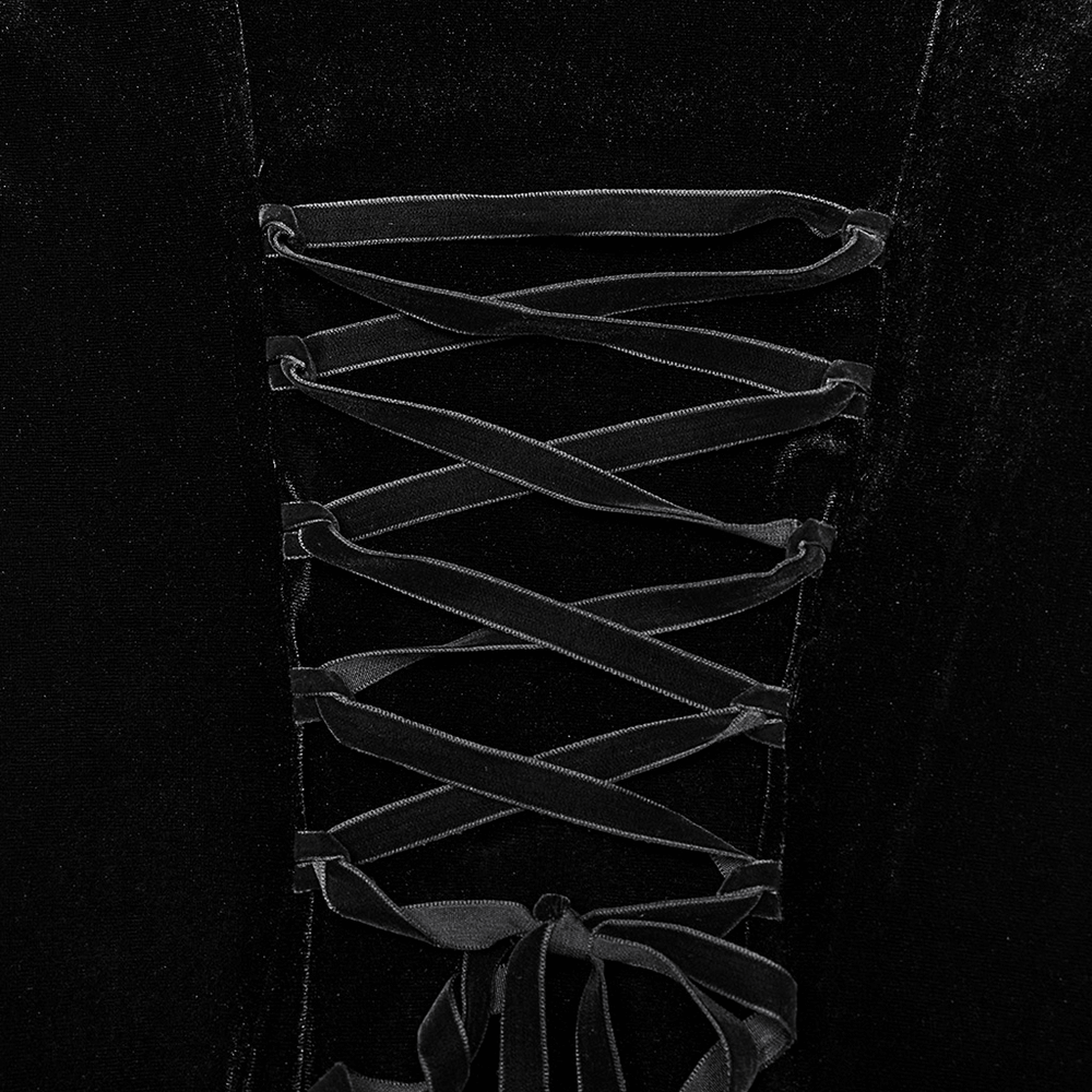 Close-up of lace-up back detail on a gothic velvet dress, featuring black satin ribbons and a soft velvet texture.