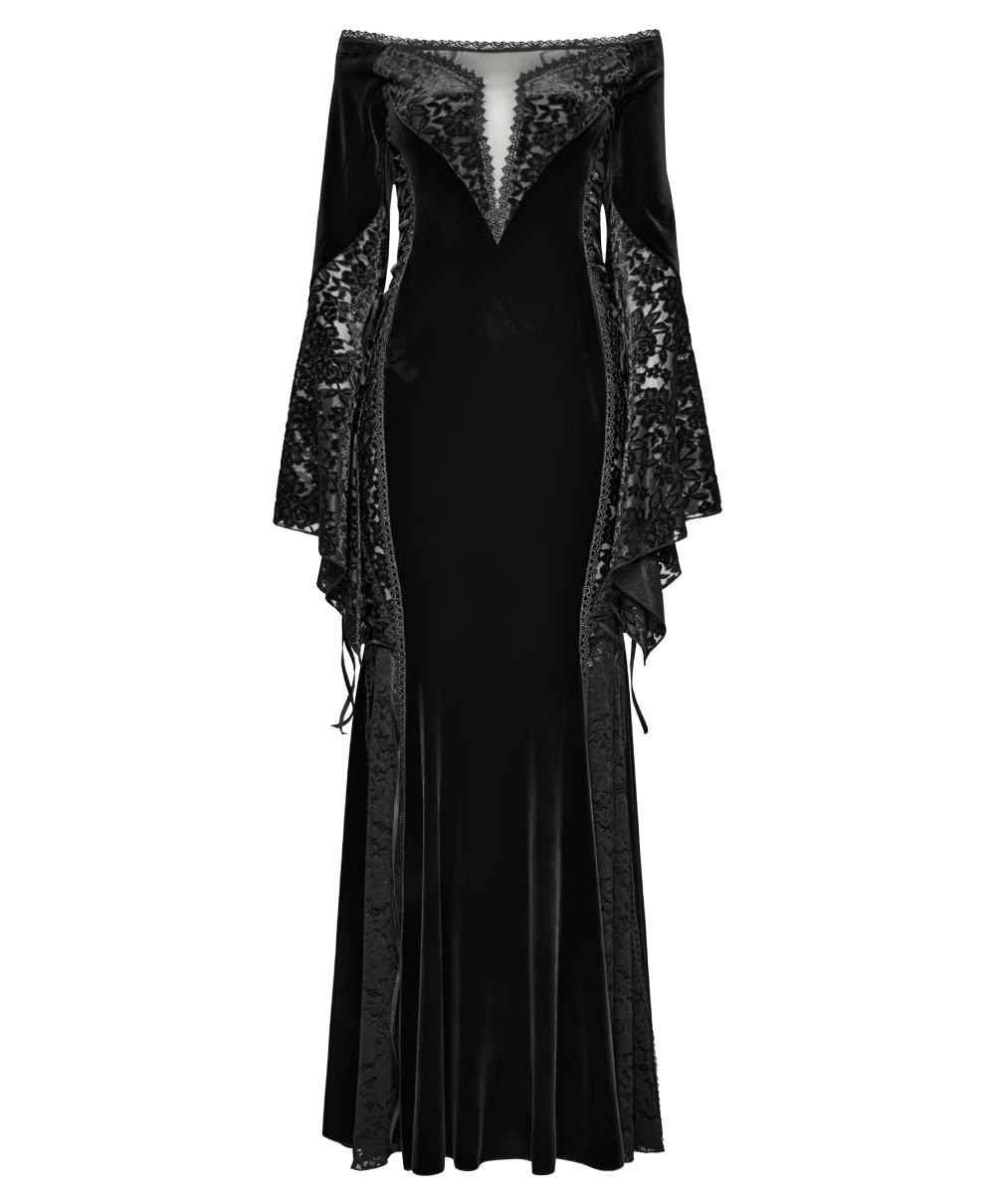 Gothic off-shoulder velvet dress with floral lace, featuring heart lace edging and layered splicing for a sexy look.