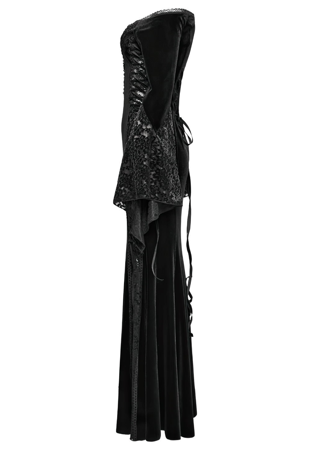Gothic velvet off-shoulder dress with floral lace and textured design, showcasing elegance and romantic flair.