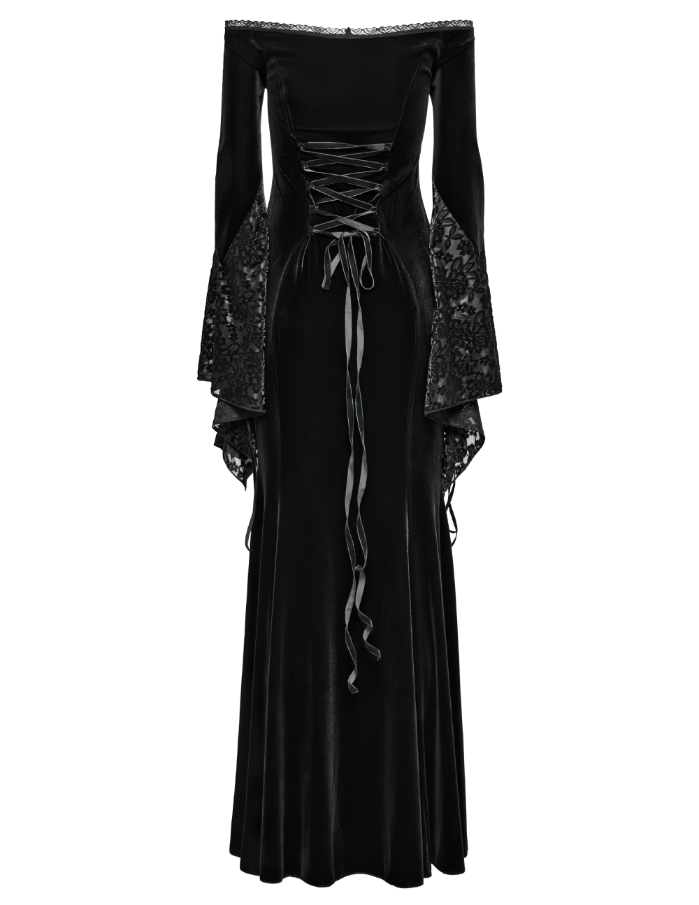 Gothic velvet off-shoulder dress with lace details and adjustable drawstring for a perfect fit.