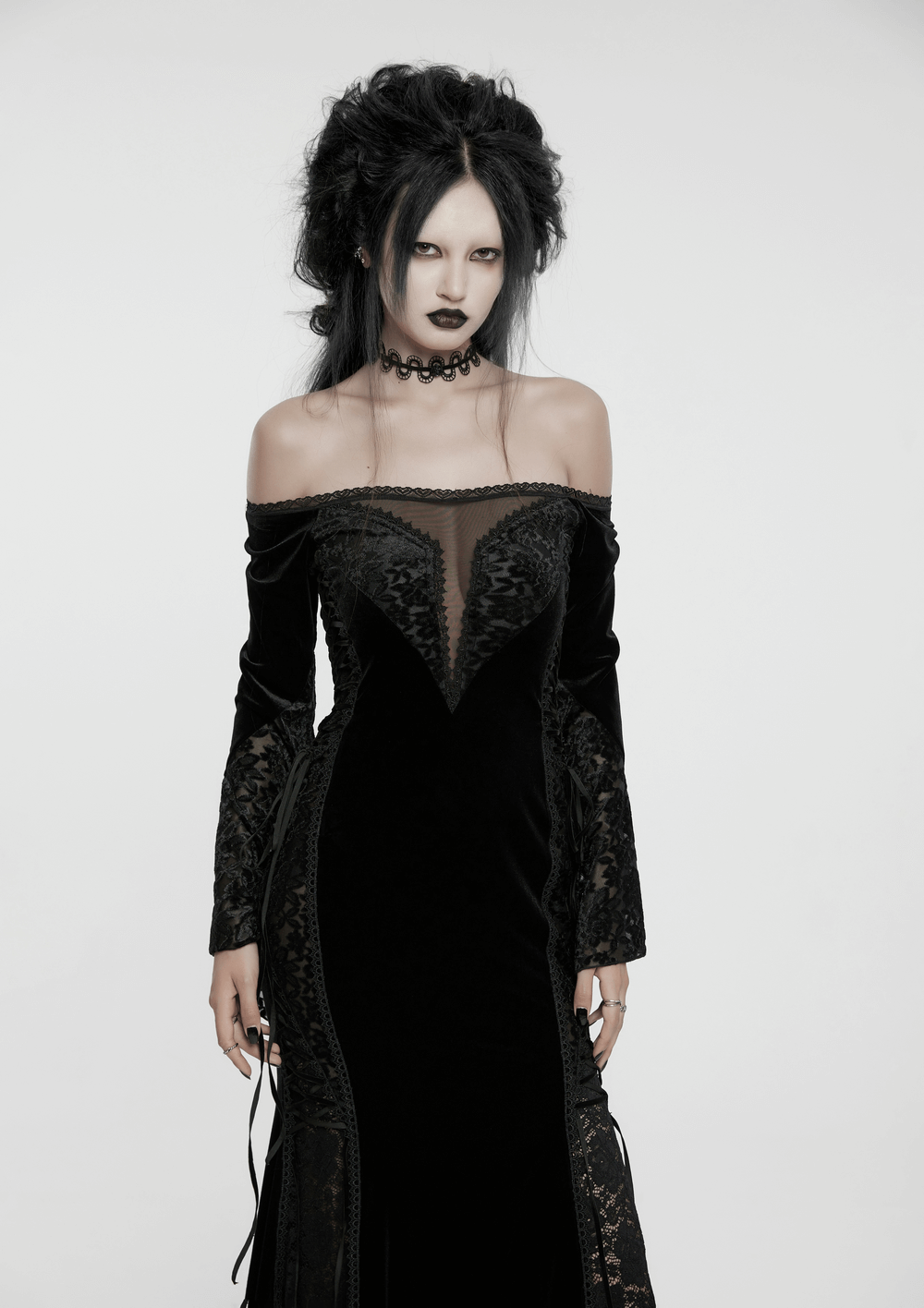 Gothic off-shoulder velvet dress with floral lace details, perfect for a seductive, romantic look.