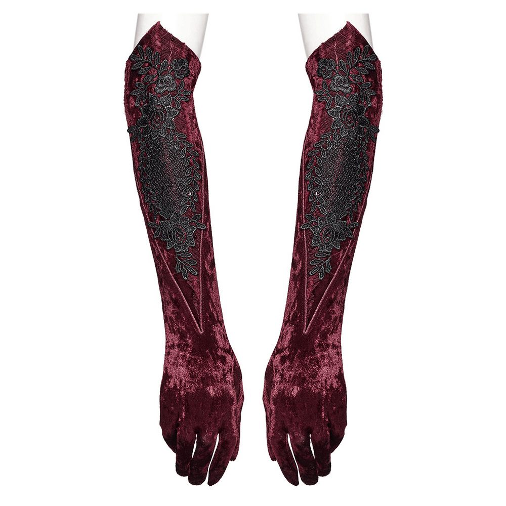 Gothic velvet opera gloves with black lace embroidery and vintage floral appliqué in dark red.
