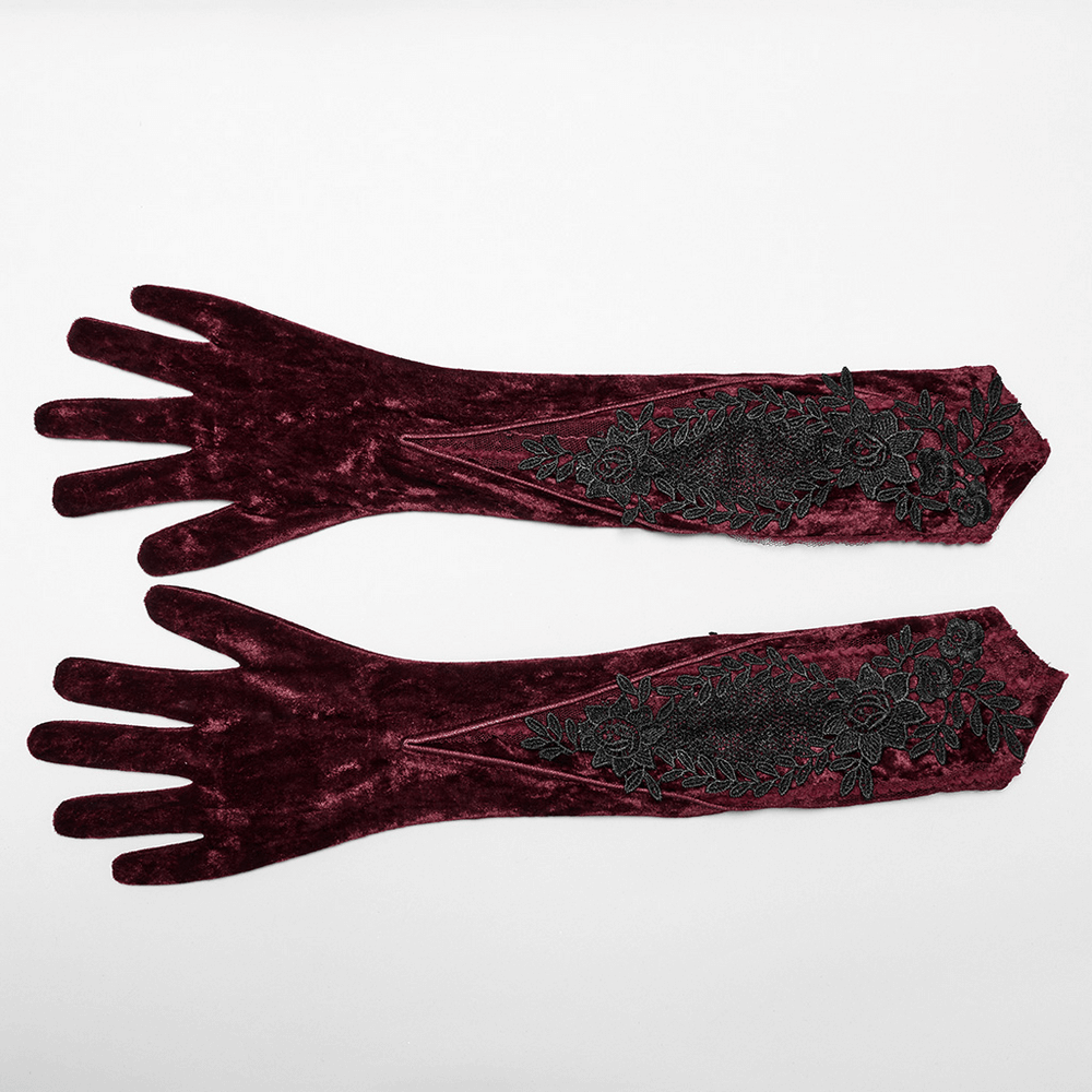 Gothic velvet opera gloves with black lace embroidery and vintage floral appliqué for a dramatic retro style.