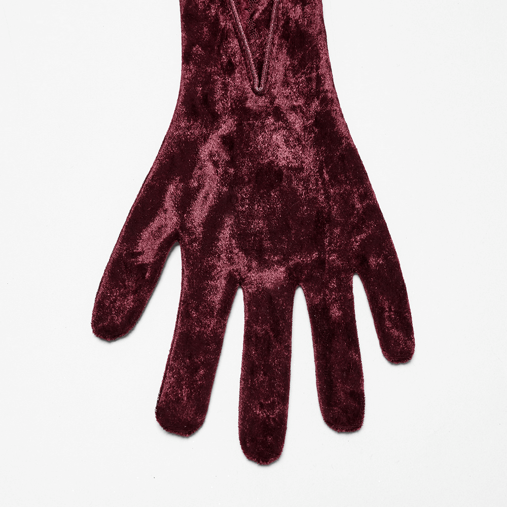 Gothic velvet opera glove in rich burgundy, featuring sleek design and soft texture for stylish retro fashion.