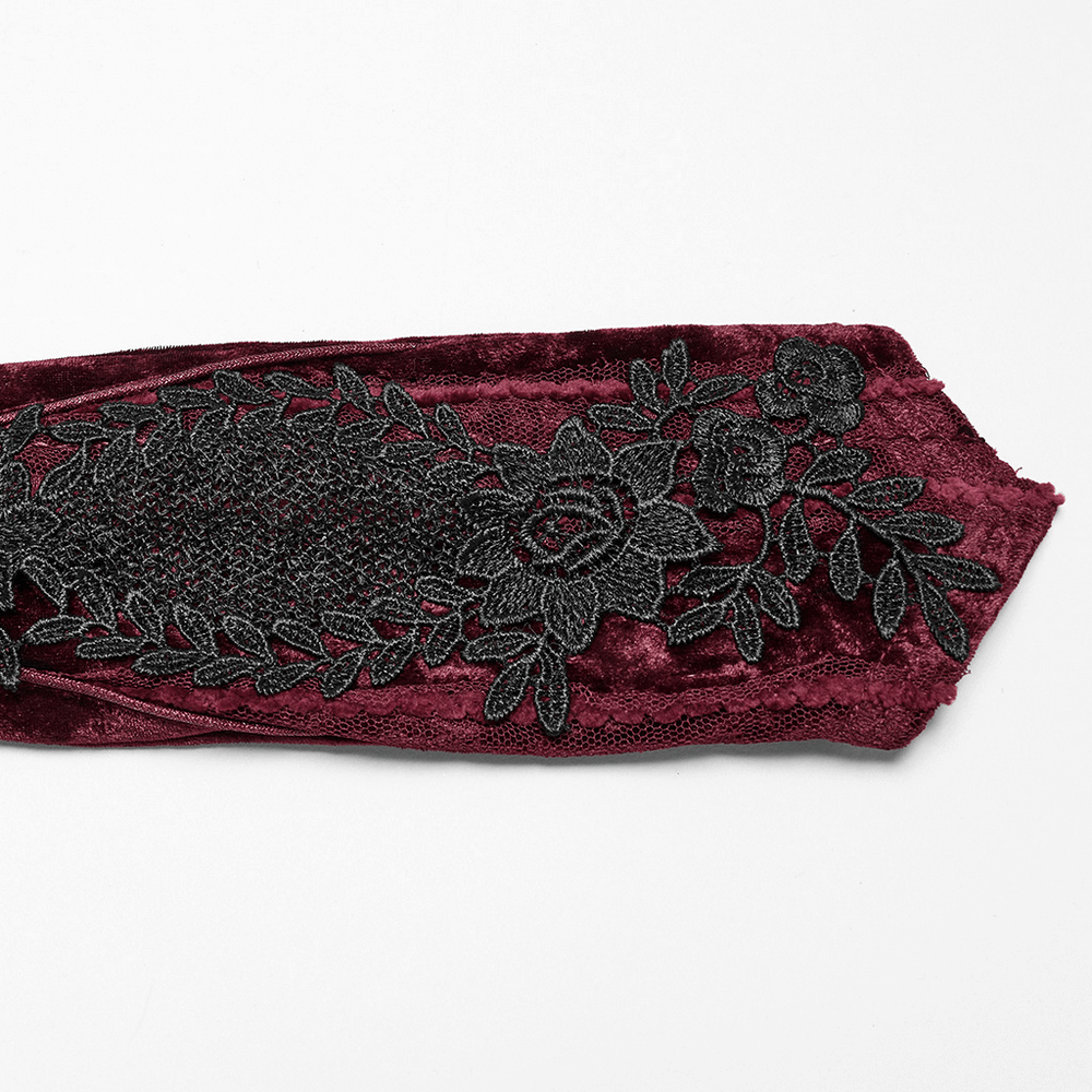 Gothic velvet opera glove featuring black lace embroidery and vintage floral design on burgundy fabric.