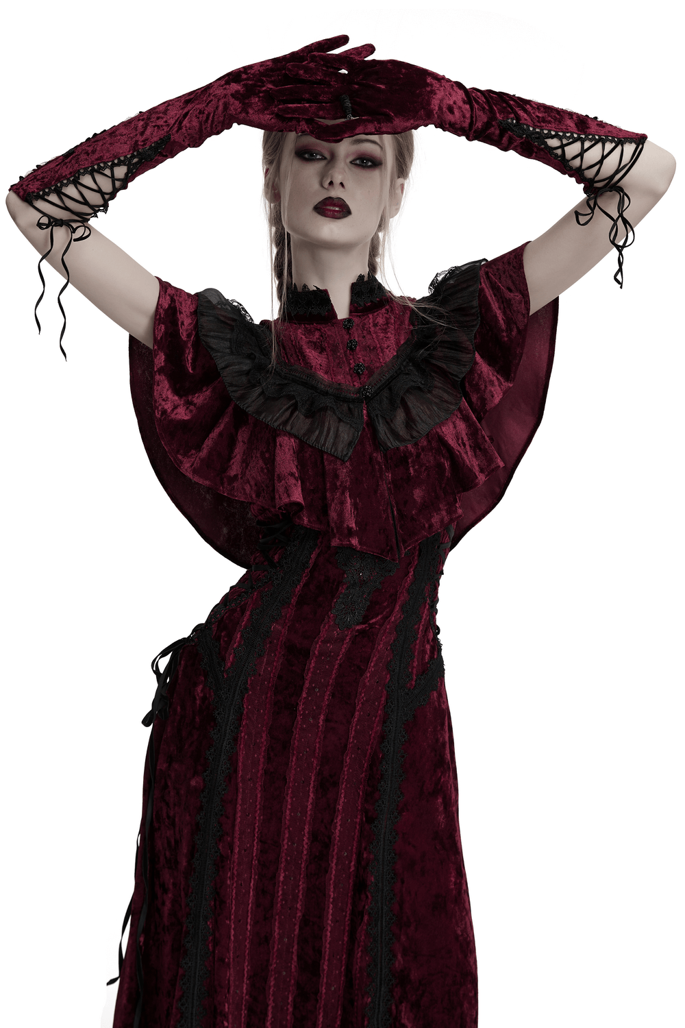 Gothic velvet opera gloves with black lace embroidery, styled with a dramatic vintage gown for a retro look.