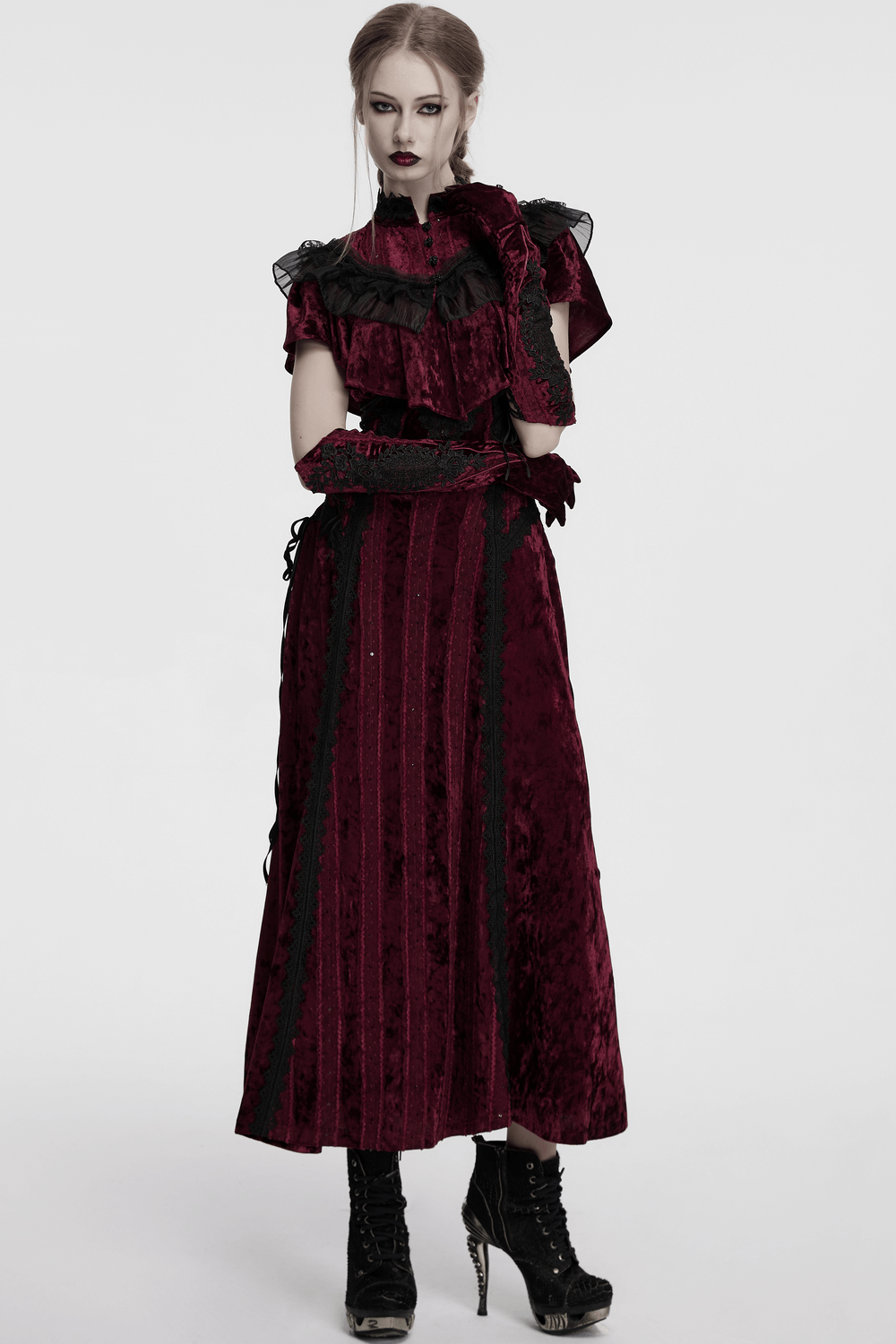 Gothic velvet opera gloves with black lace embroidery, styled with a dramatic vintage romper, perfect for retro fashion.