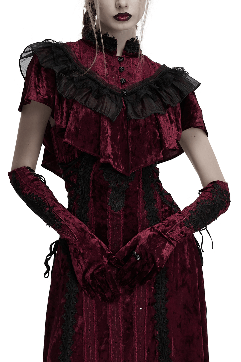 Gothic velvet opera gloves with black lace, complementing a vintage ruffled dress for a dramatic retro look.
