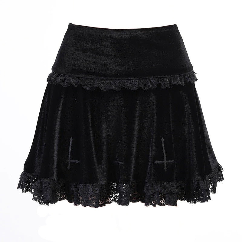 Gothic velvet pleated mini skirt with high waist lace ruffles and cross embroidery for women.