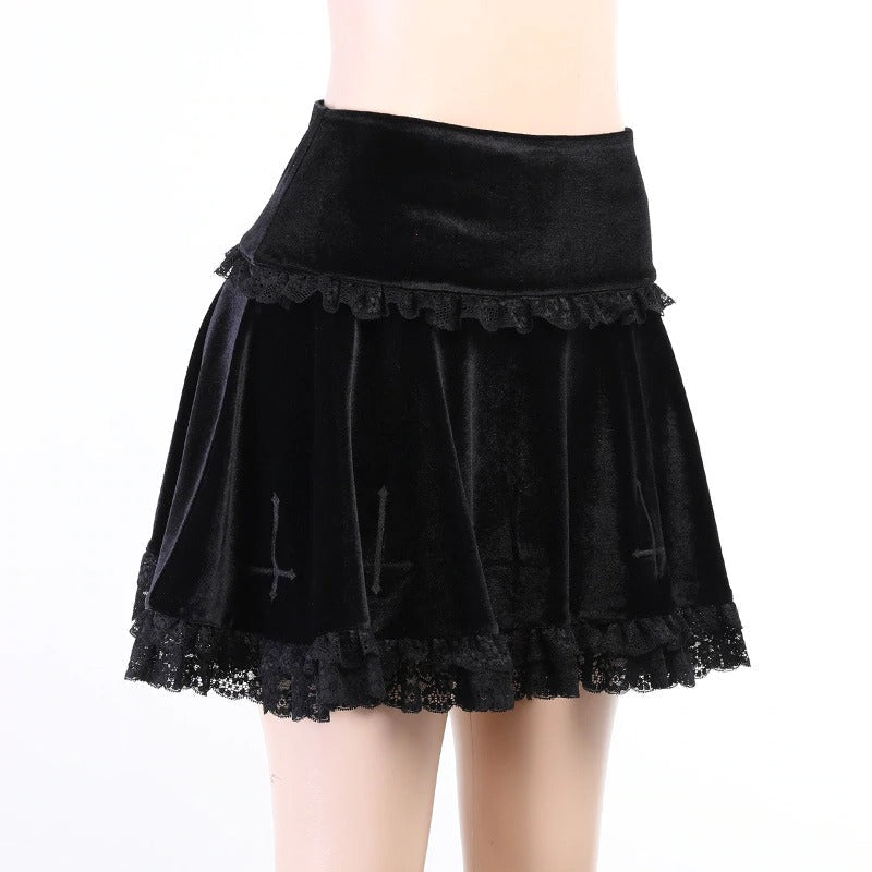 Gothic velvet pleated mini skirt featuring lace ruffles and cross embroidery, perfect for gothic fashion lovers.