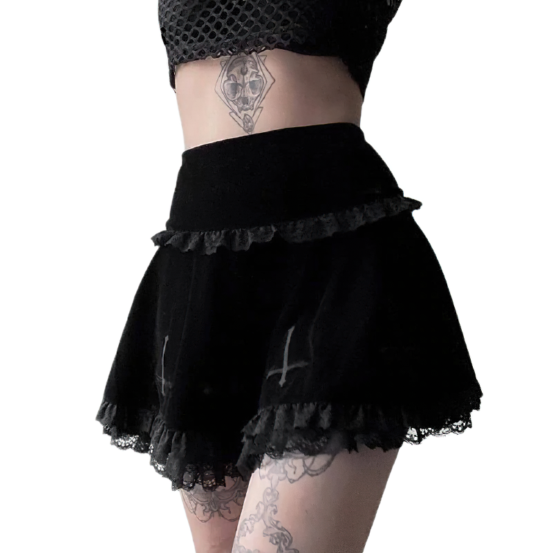 Gothic Velvet Pleated Mini Skirts / High Waist Lace Ruffles Skirt for Women - HARD'N'HEAVY