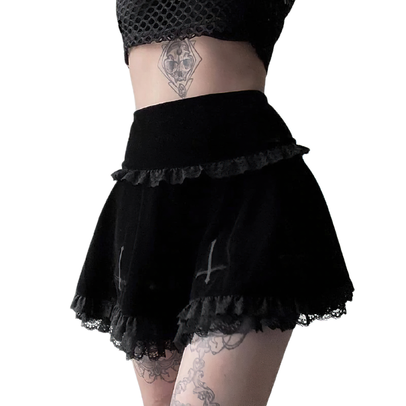 Gothic velvet mini skirt with lace ruffles and cross embroidery, perfect for edgy outfits and gothic style.