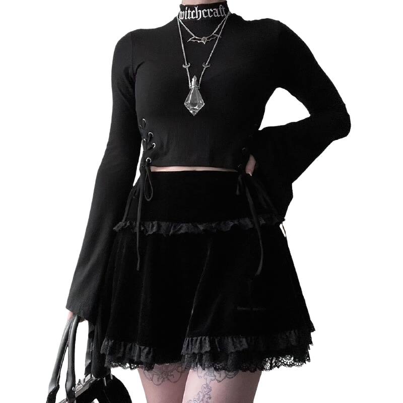 Gothic Velvet Pleated Mini Skirts / High Waist Lace Ruffles Skirt for Women - HARD'N'HEAVY