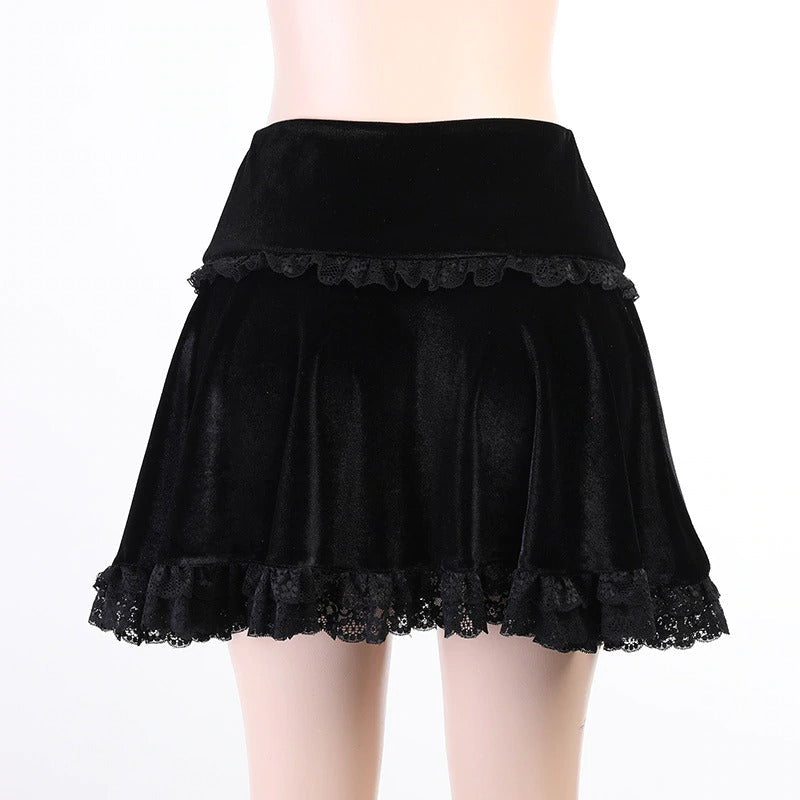 Gothic velvet pleated mini skirt with lace ruffles for women, perfect for gothic style outfits.