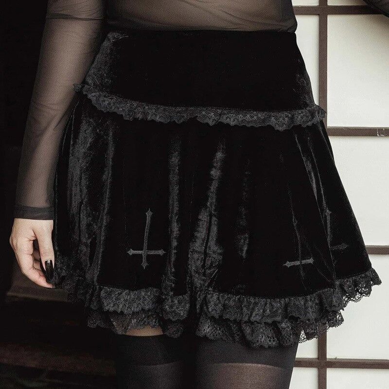 Gothic velvet pleated mini skirt with lace ruffles and cross embroidery for stylish gothic outfits.