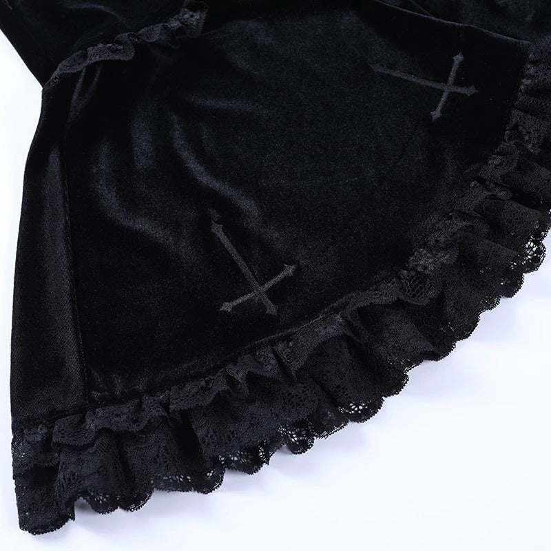 Gothic velvet pleated mini skirt featuring lace ruffles and cross embroidery, perfect for a goth princess look.