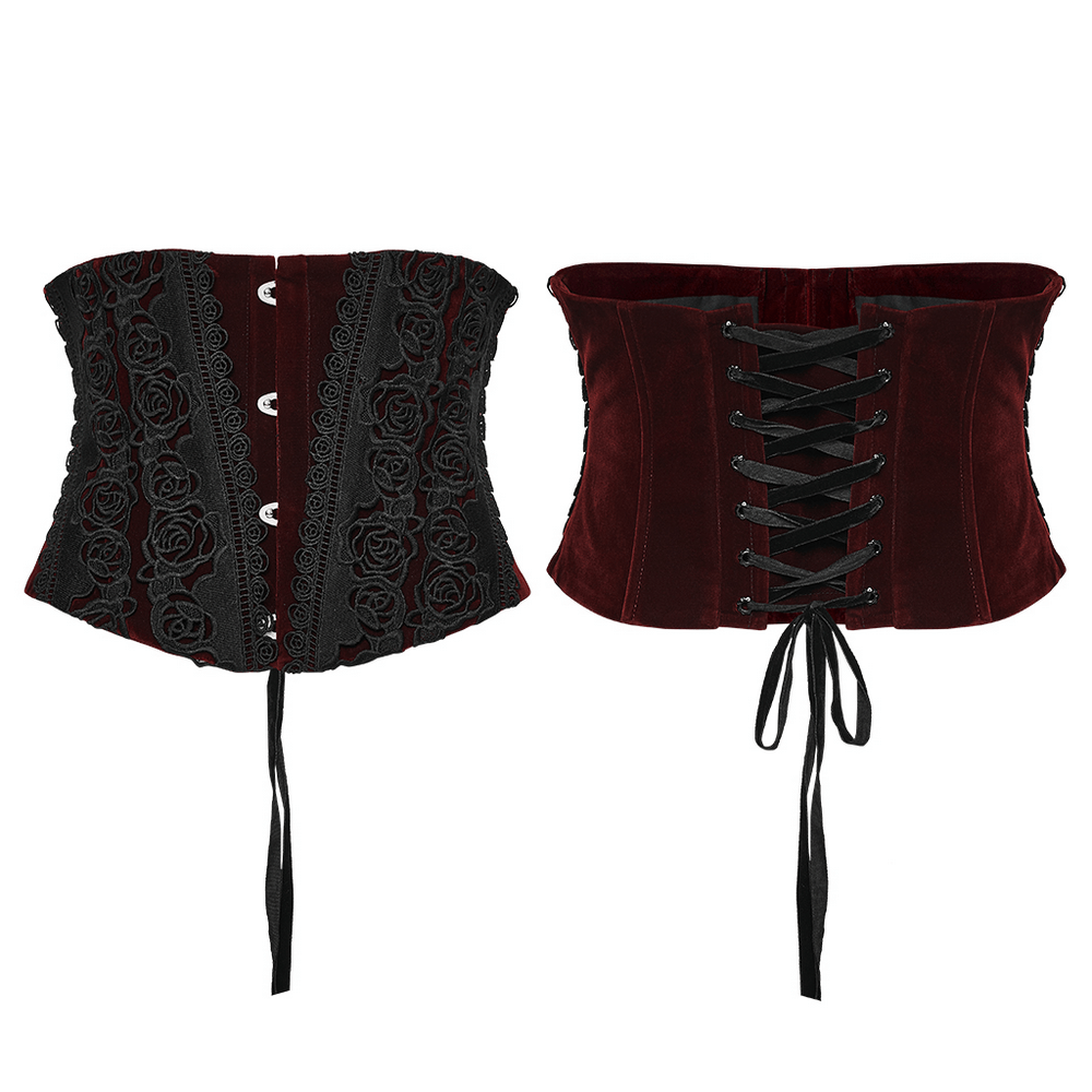 Gothic Velvet Rose Corset with Lace and Back Lacing showcasing intricate rose lace and adjustable back lacing design.