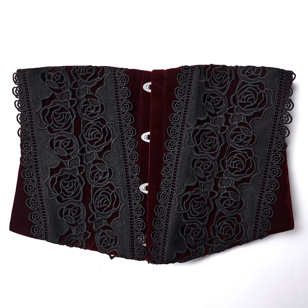 Gothic Velvet Rose Corset with Lace and Back Lacing showcasing intricate rose lace details on rich velvet.