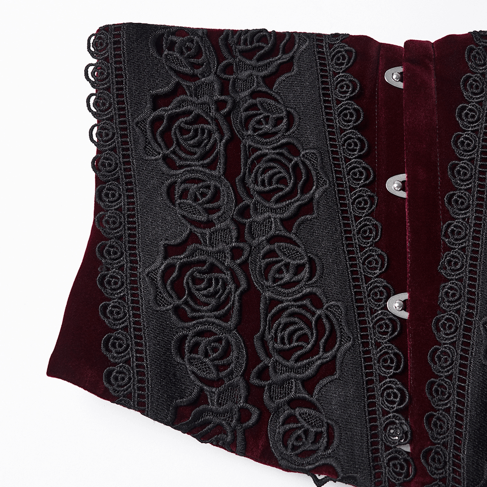 Gothic Velvet Rose Corset with Lace and Back Lacing showcasing intricate rose lace details.