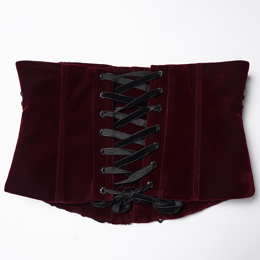 Gothic Velvet Rose Corset with Lace and Back Lacing featuring luxurious velvet and adjustable lacing at the back.