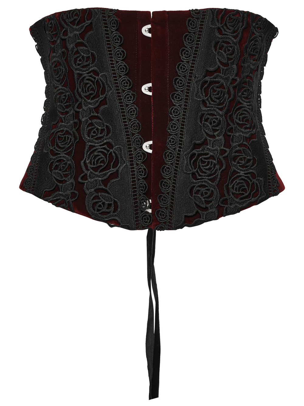 Gothic Velvet Rose Corset with Lace and Back Lacing featuring elegant rose lace and adjustable back lacing.