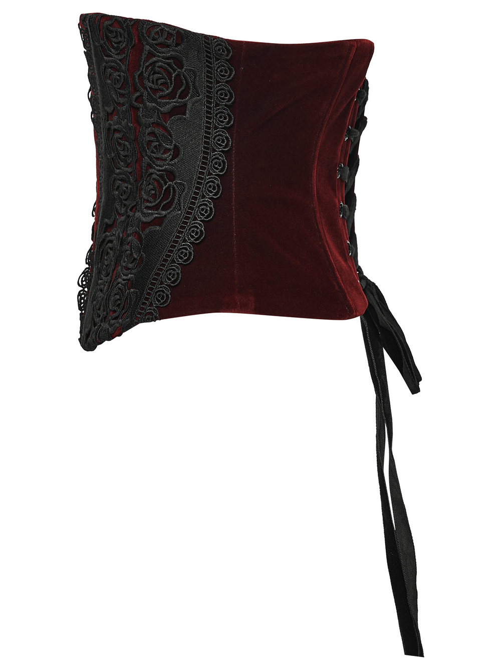 Gothic Velvet Rose Corset with Lace and Back Lacing showcasing intricate lace details and back lacing in rich velvet.