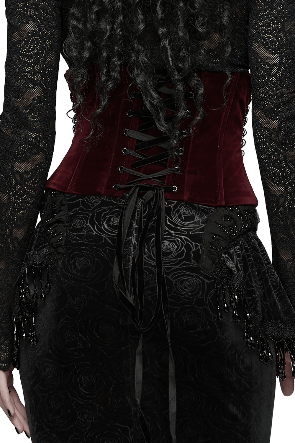 Gothic Velvet Rose Corset with Lace and Back Lacing showcasing intricate lacing and luxurious velvet fabric.