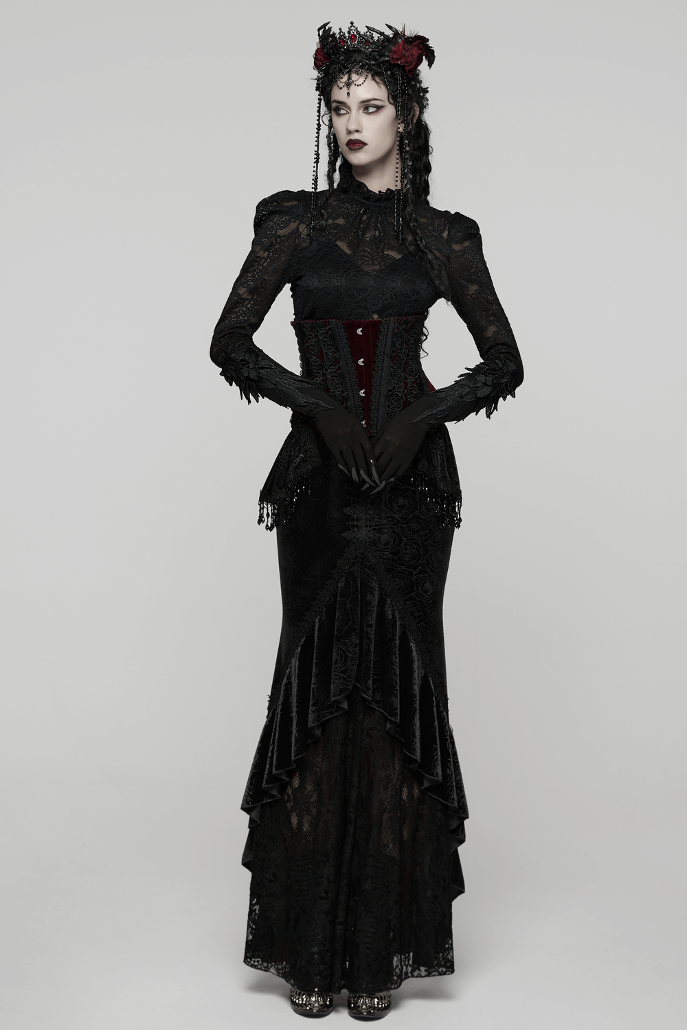 Gothic Velvet Rose Corset with Lace and Back Lacing showcased on a model in a dramatic gothic outfit.