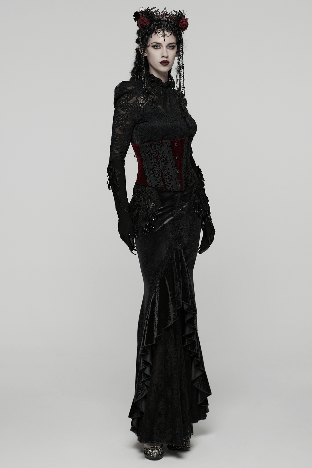 Gothic Velvet Rose Corset with Lace and Back Lacing styled with elegant black lace outfit and accessories.