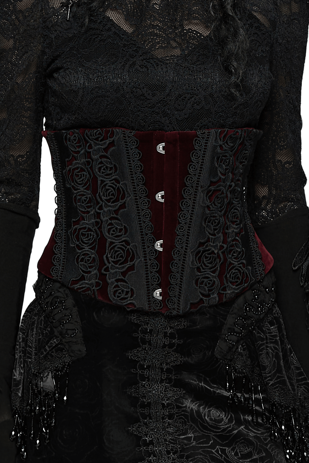 Gothic Velvet Rose Corset with Lace and Back Lacing showcasing intricate lace and a V-shape design.