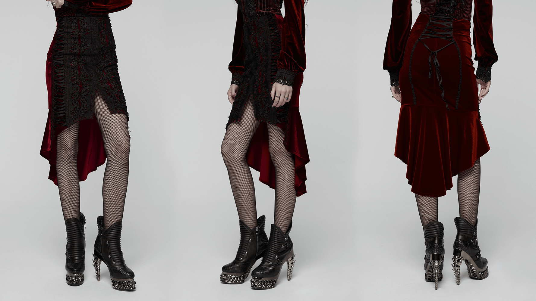 Gothic Velvet Rose Lace Fishtail Skirt with Drawstring showcased from multiple angles, highlighting its elegant design and high-low hem.