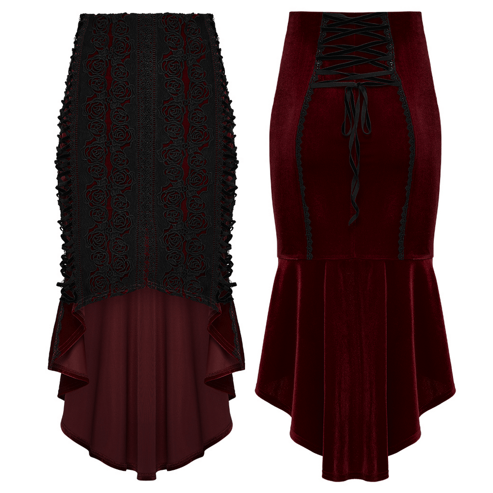 Gothic Velvet Rose Lace Fishtail Skirt with Drawstring featuring high-low hem and adjustable lacing for a flattering fit.