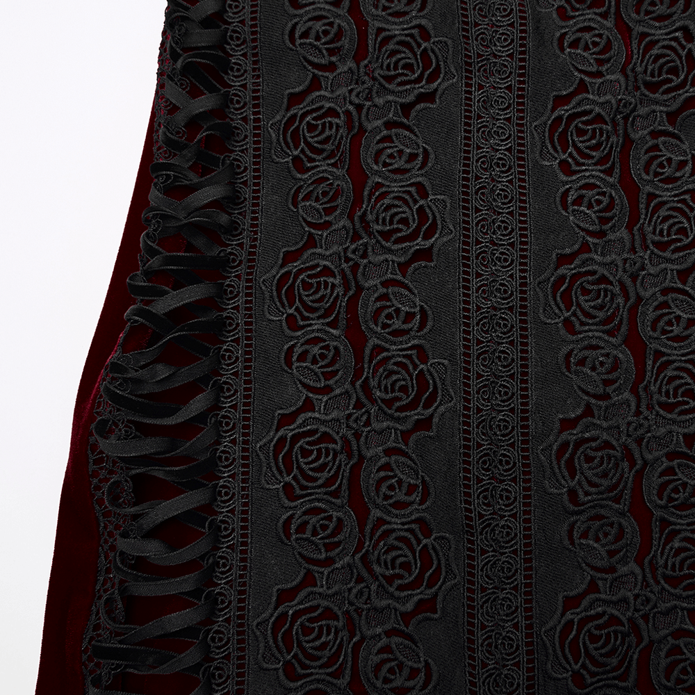 Gothic Velvet Rose Lace Fishtail Skirt with Drawstring featuring intricate rose lace and adjustable lacing for a stylish look.