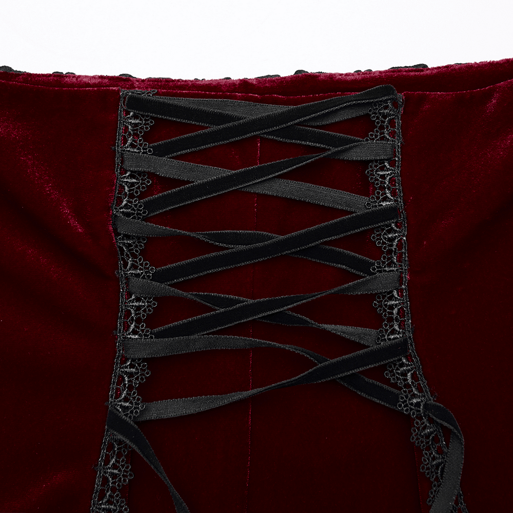 Gothic Velvet Rose Lace Fishtail Skirt with Drawstring detailed corset back featuring black lace and adjustable lacing.