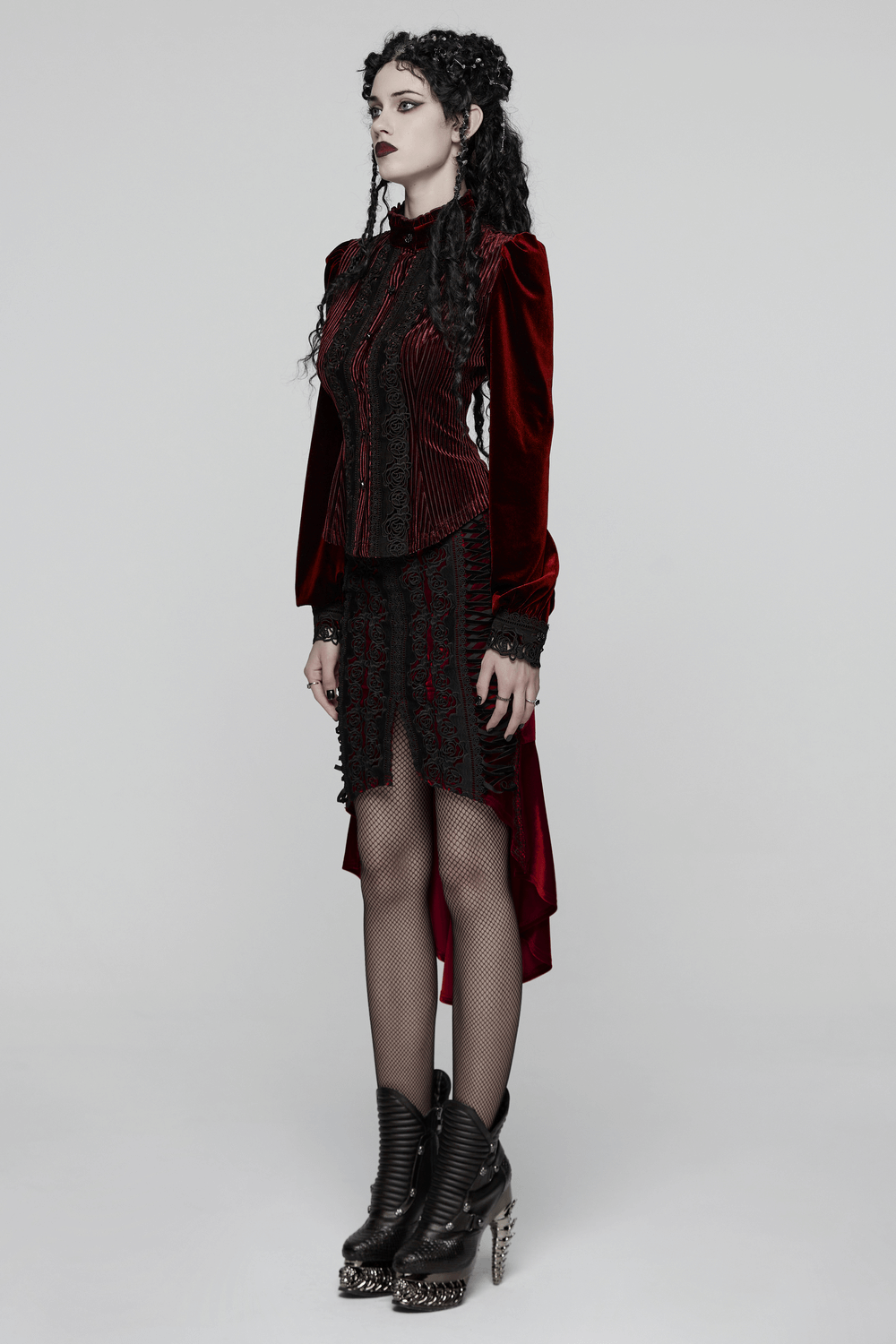 Gothic Velvet Rose Lace Fishtail Skirt with Drawstring worn with dramatic red velvet top showcasing alternative fashion.