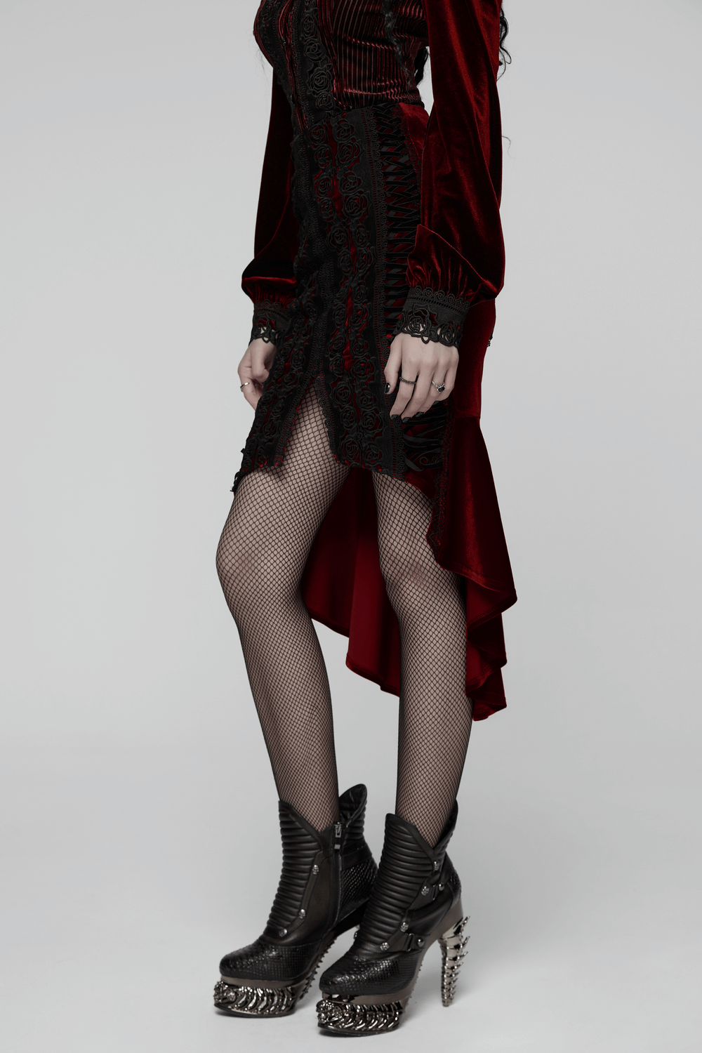 Gothic Velvet Rose Lace Fishtail Skirt with Drawstring featuring dramatic hem and lace details.