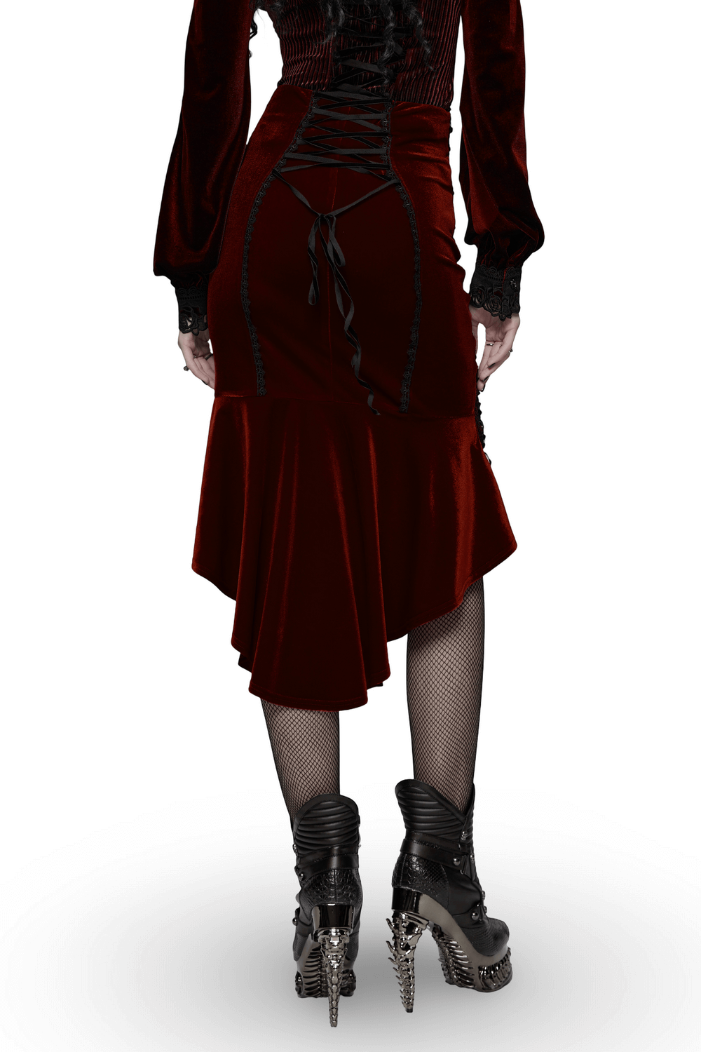 Gothic Velvet Rose Lace Fishtail Skirt with Drawstring showcased from the back, featuring adjustable lacing and a dramatic high-low hem.