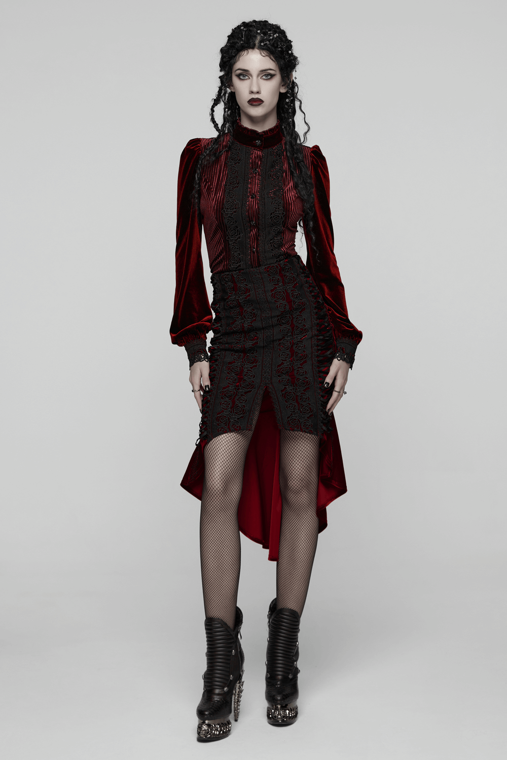 Gothic Velvet Rose Lace Fishtail Skirt with Drawstring styled with dramatic dark fashion and elegant details.