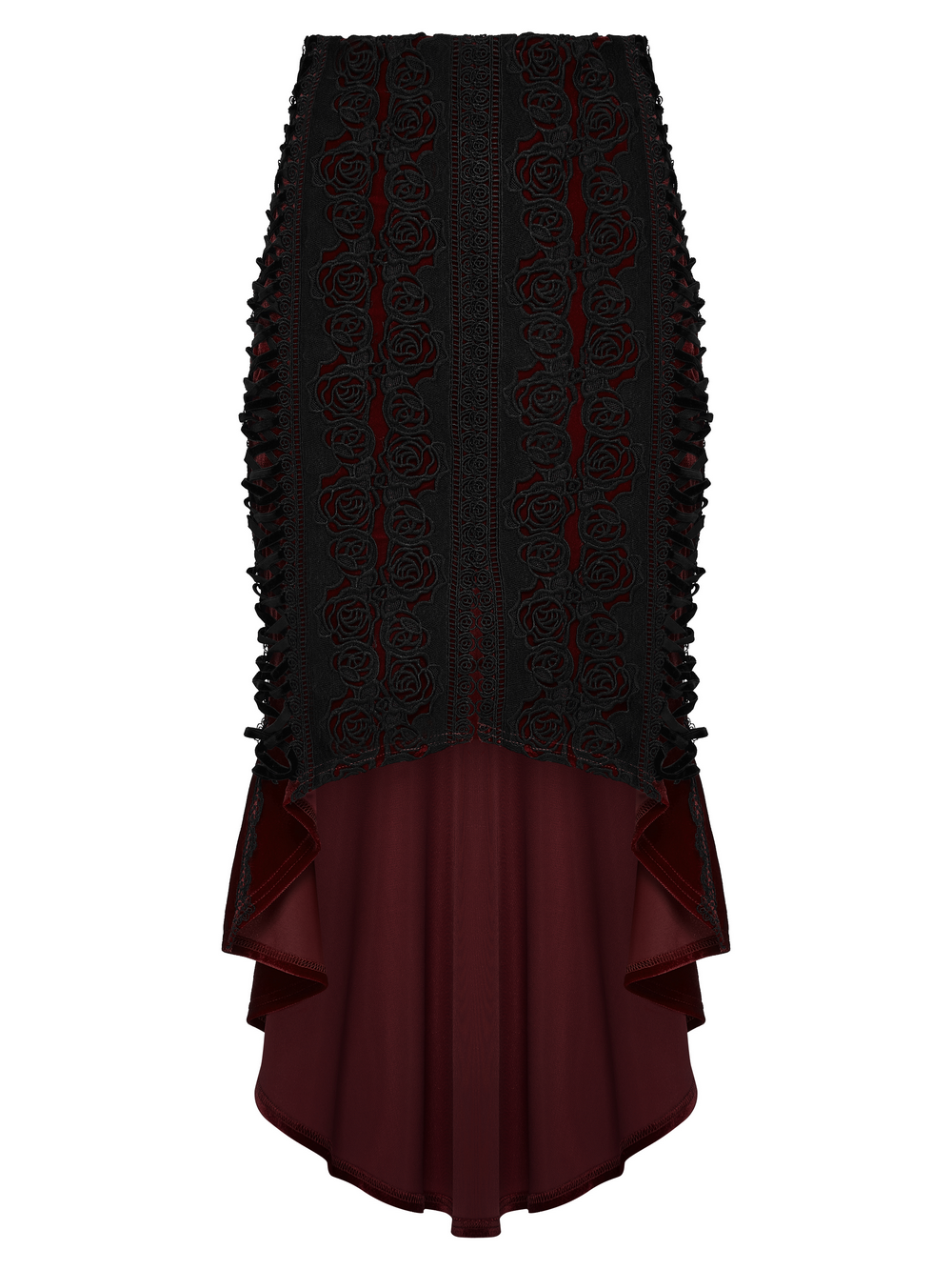 Gothic Velvet Rose Lace Fishtail Skirt with Drawstring featuring high-low hem and rose lace panels.